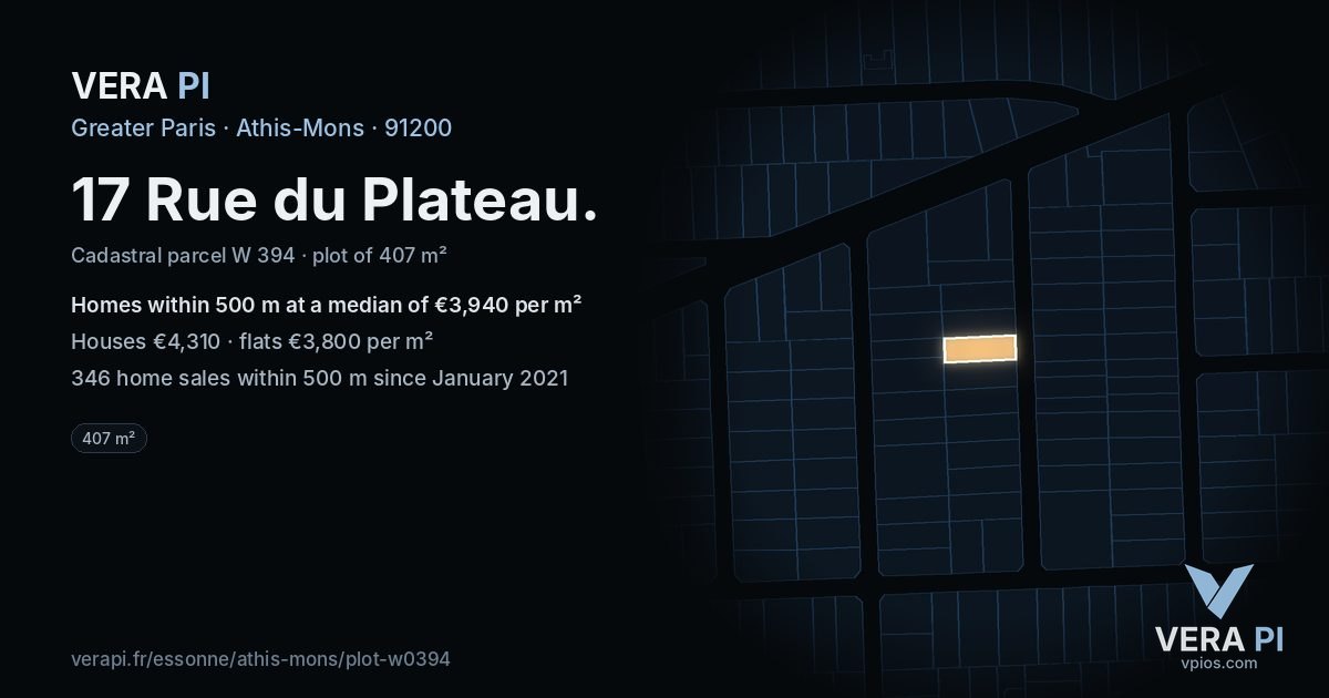 17 Rue du Plateau, Athis-Mons at night – the plot lit, the parcels around coloured by the prices near them