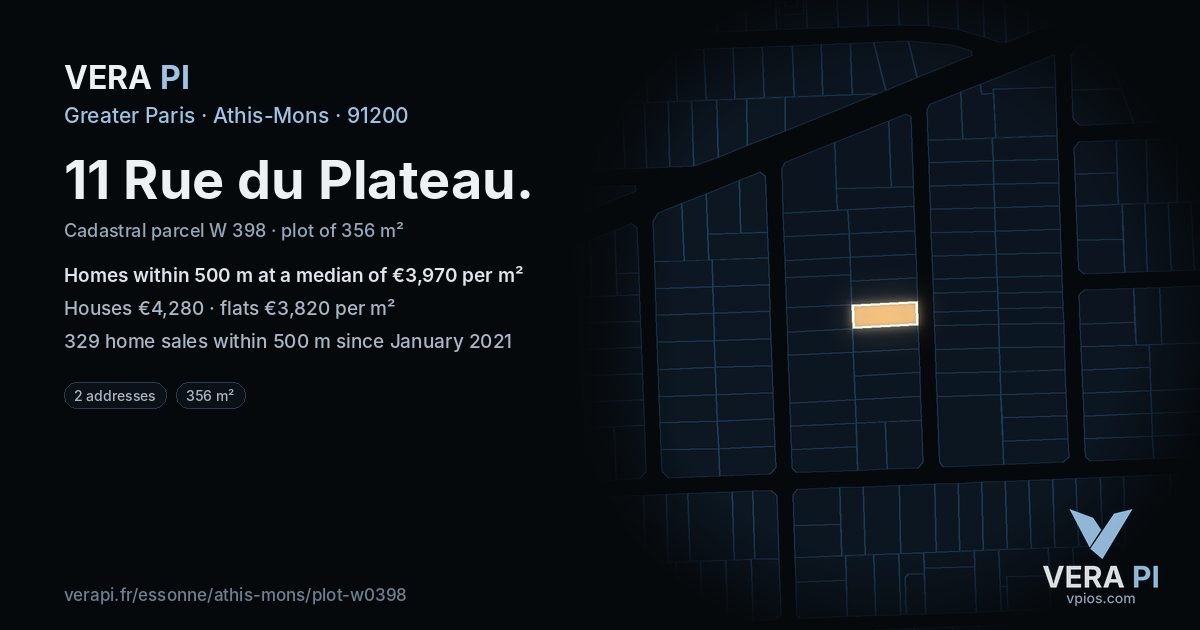 11 Rue du Plateau, Athis-Mons at night – the plot lit, the parcels around coloured by the prices near them