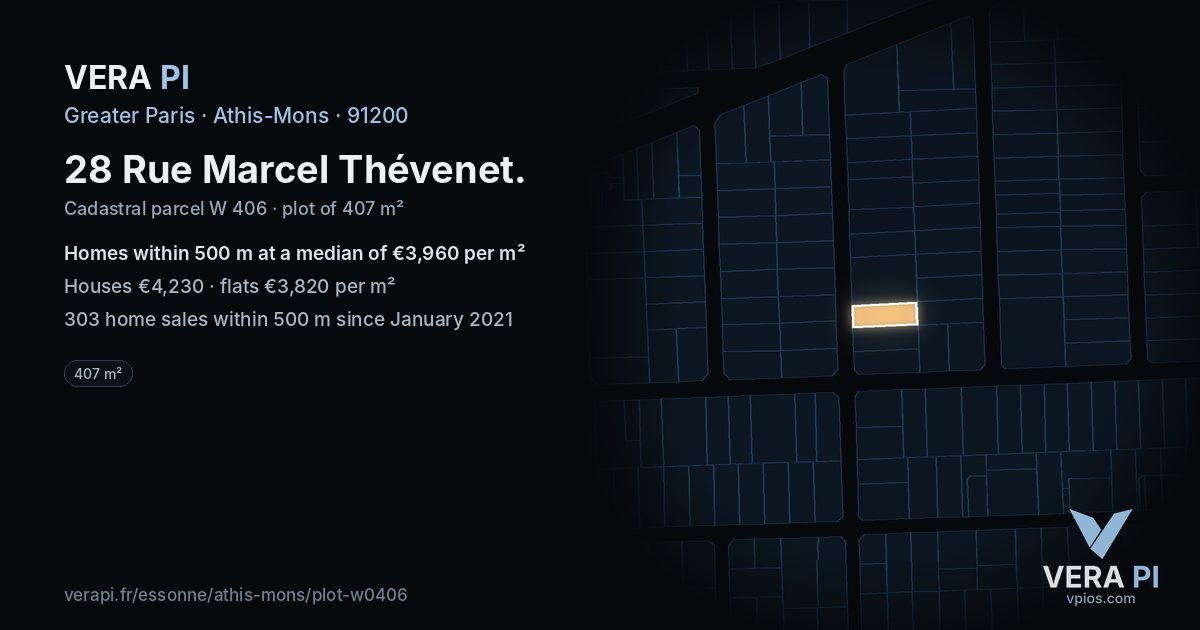28 Rue Marcel Thévenet, Athis-Mons at night – the plot lit, the parcels around coloured by the prices near them