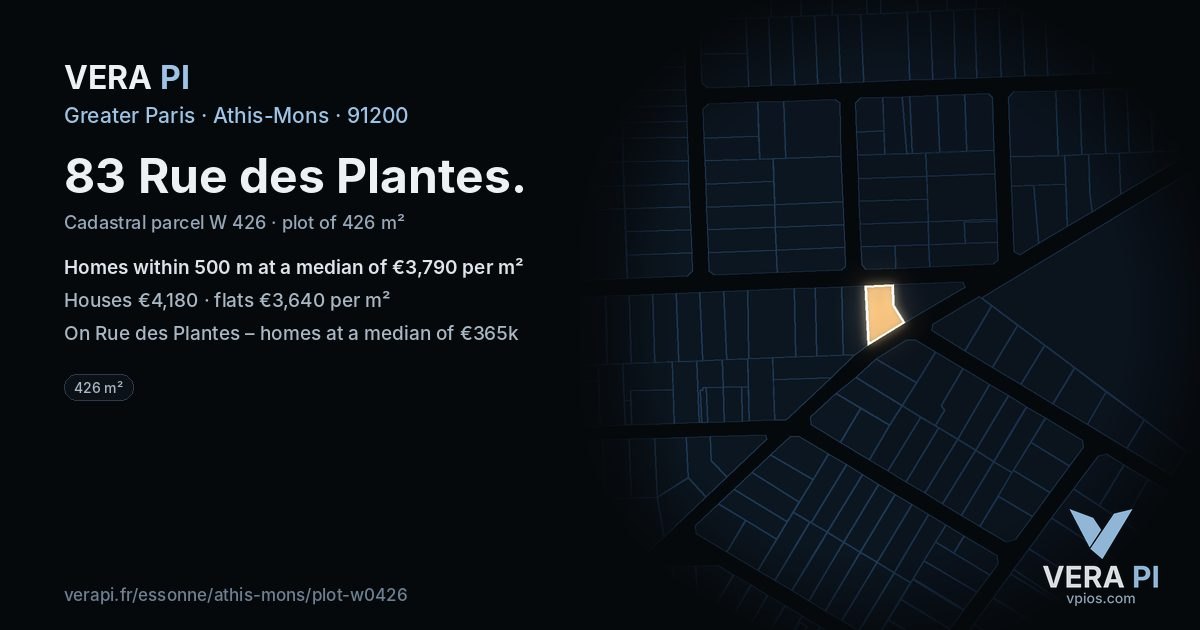 83 Rue des Plantes, Athis-Mons at night – the plot lit, the parcels around coloured by the prices near them