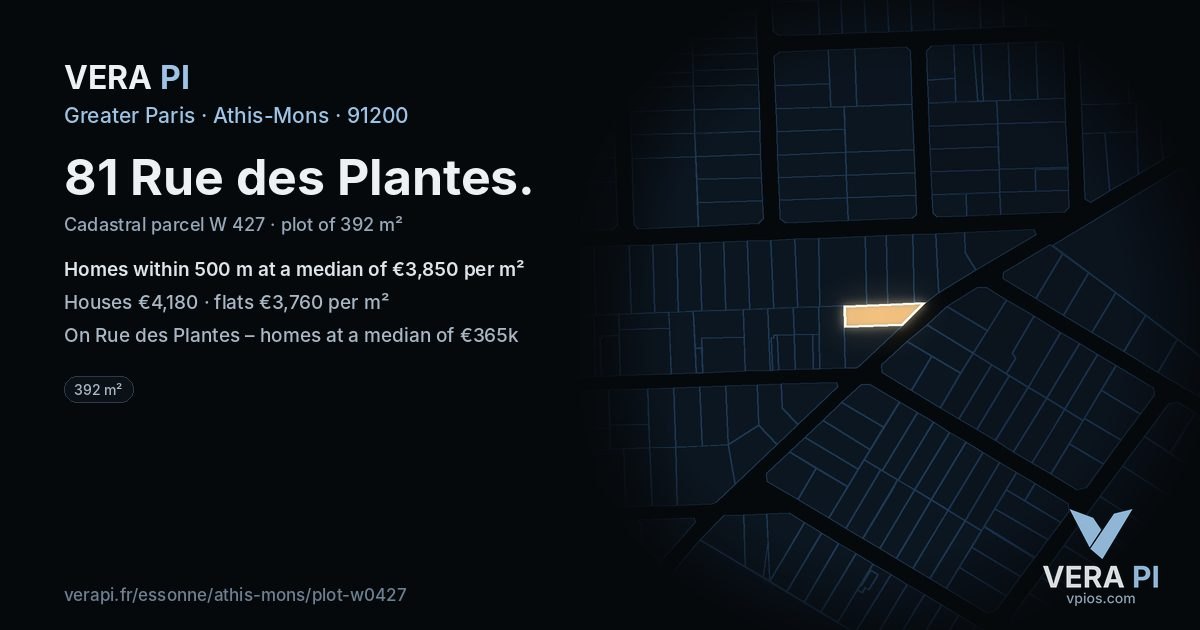81 Rue des Plantes, Athis-Mons at night – the plot lit, the parcels around coloured by the prices near them