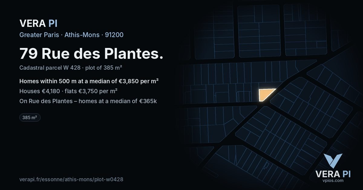 79 Rue des Plantes, Athis-Mons at night – the plot lit, the parcels around coloured by the prices near them