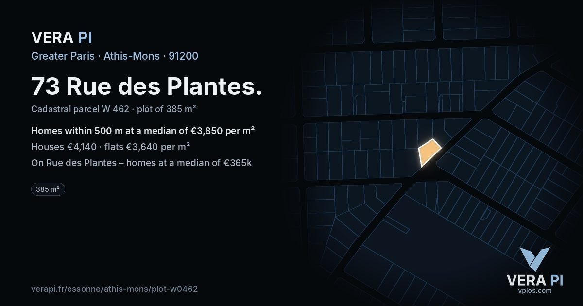 73 Rue des Plantes, Athis-Mons at night – the plot lit, the parcels around coloured by the prices near them