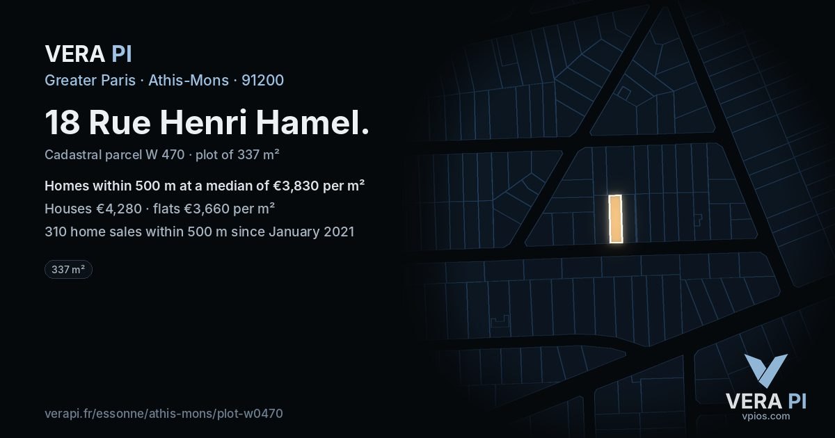 18 Rue Henri Hamel, Athis-Mons at night – the plot lit, the parcels around coloured by the prices near them