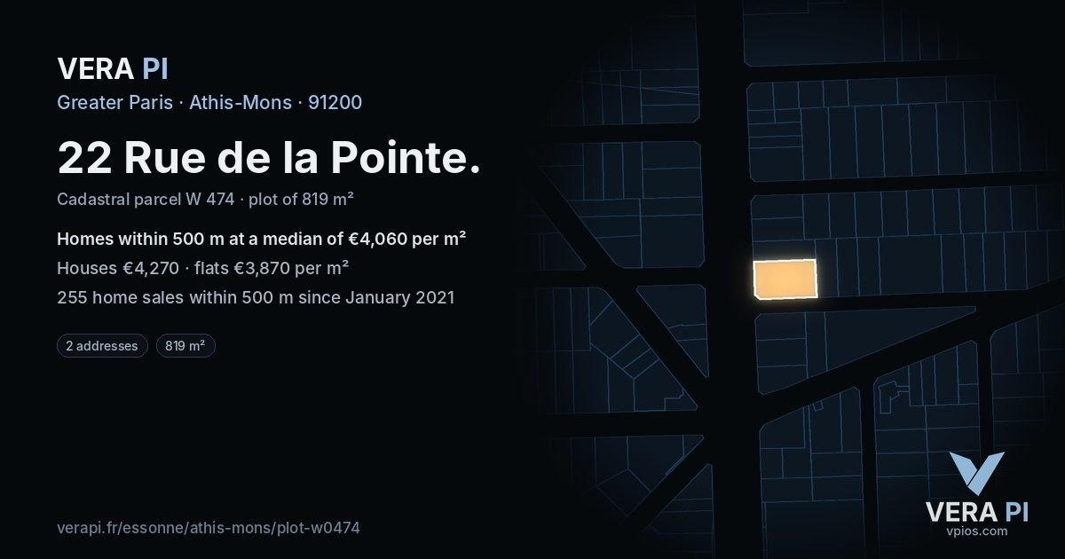 22 Rue de la Pointe, Athis-Mons at night – the plot lit, the parcels around coloured by the prices near them