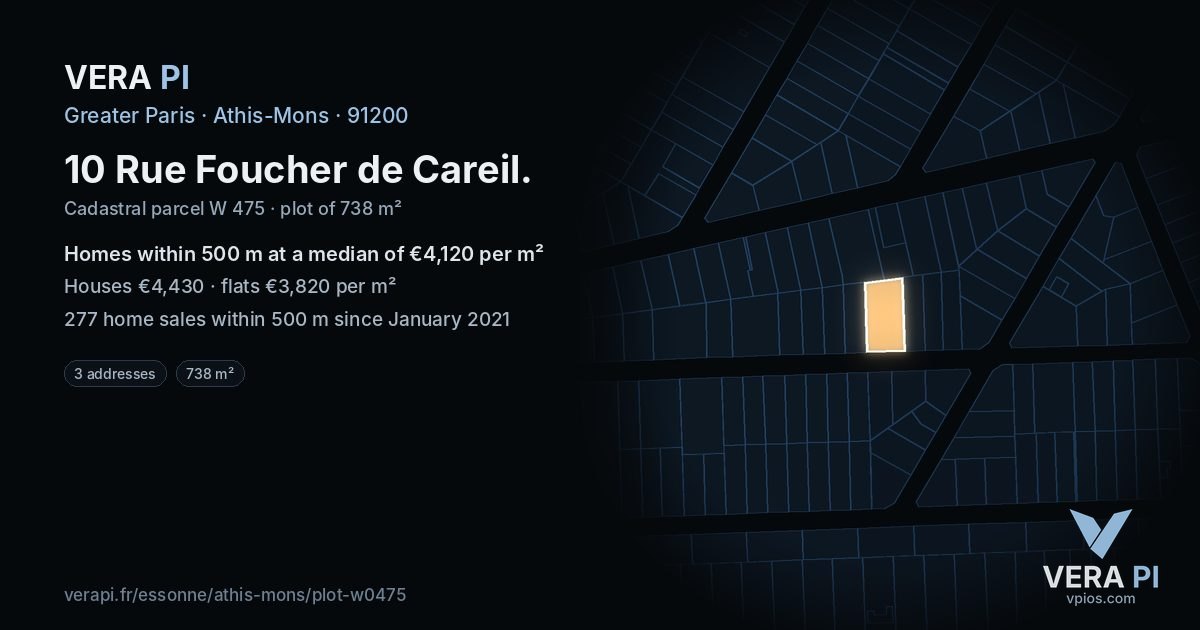 10 Rue Foucher de Careil, Athis-Mons at night – the plot lit, the parcels around coloured by the prices near them