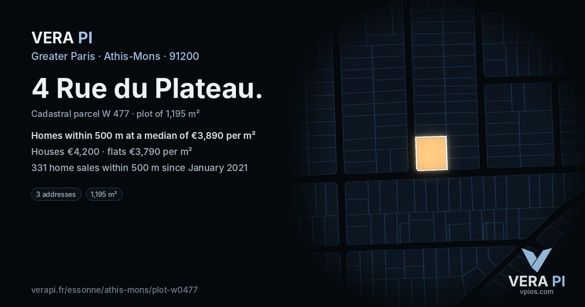 4 Rue du Plateau, Athis-Mons at night – the plot lit, the parcels around coloured by the prices near them