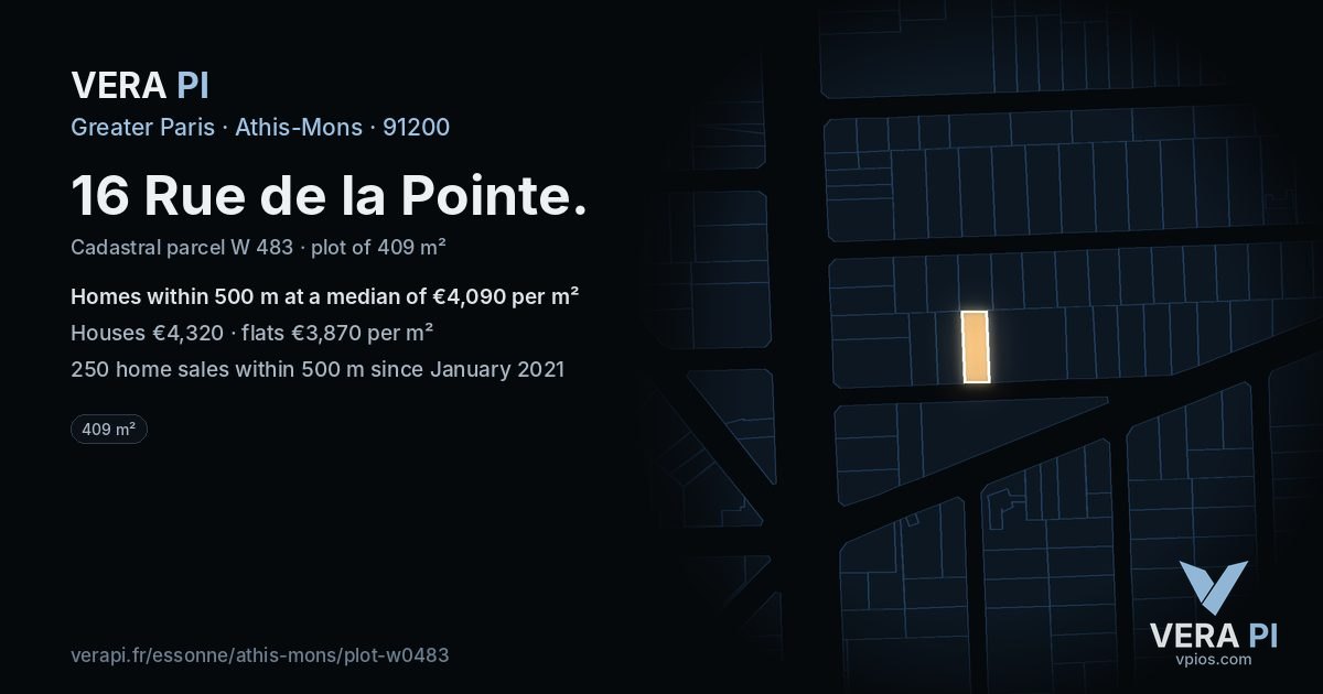 16 Rue de la Pointe, Athis-Mons at night – the plot lit, the parcels around coloured by the prices near them