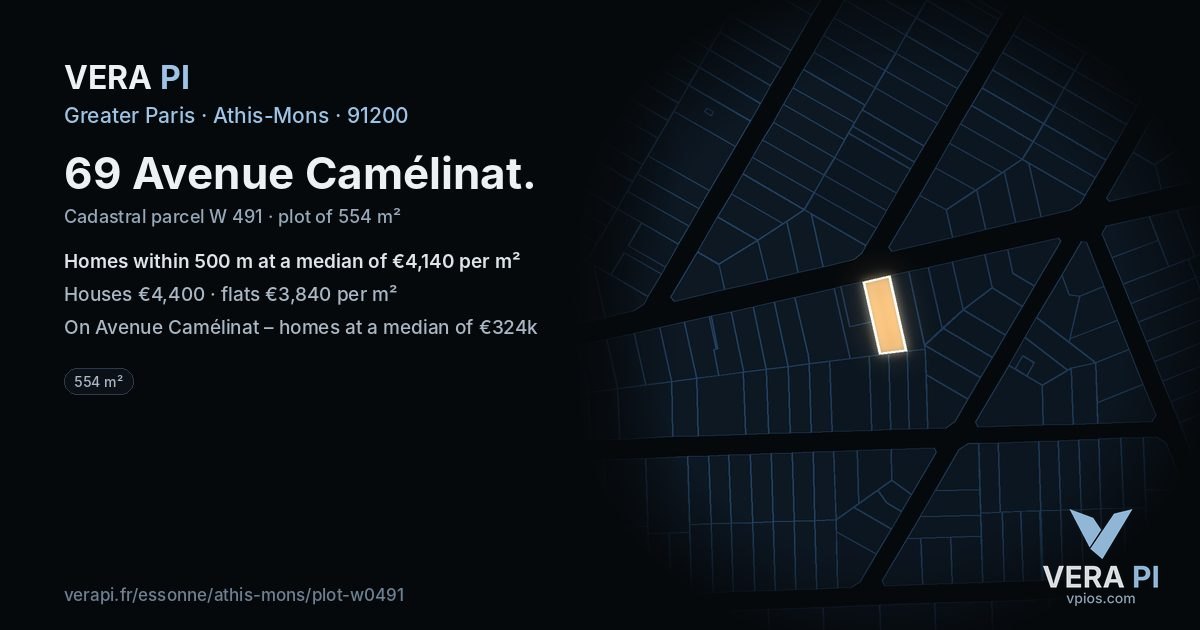 69 Avenue Camélinat, Athis-Mons at night – the plot lit, the parcels around coloured by the prices near them