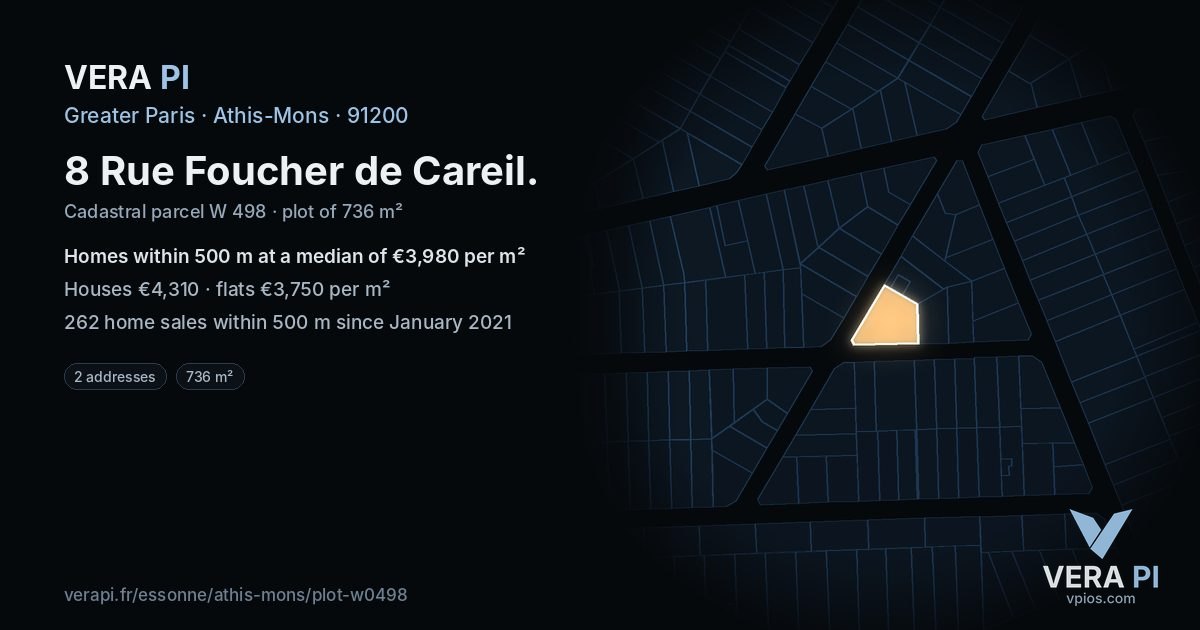 8 Rue Foucher de Careil, Athis-Mons at night – the plot lit, the parcels around coloured by the prices near them