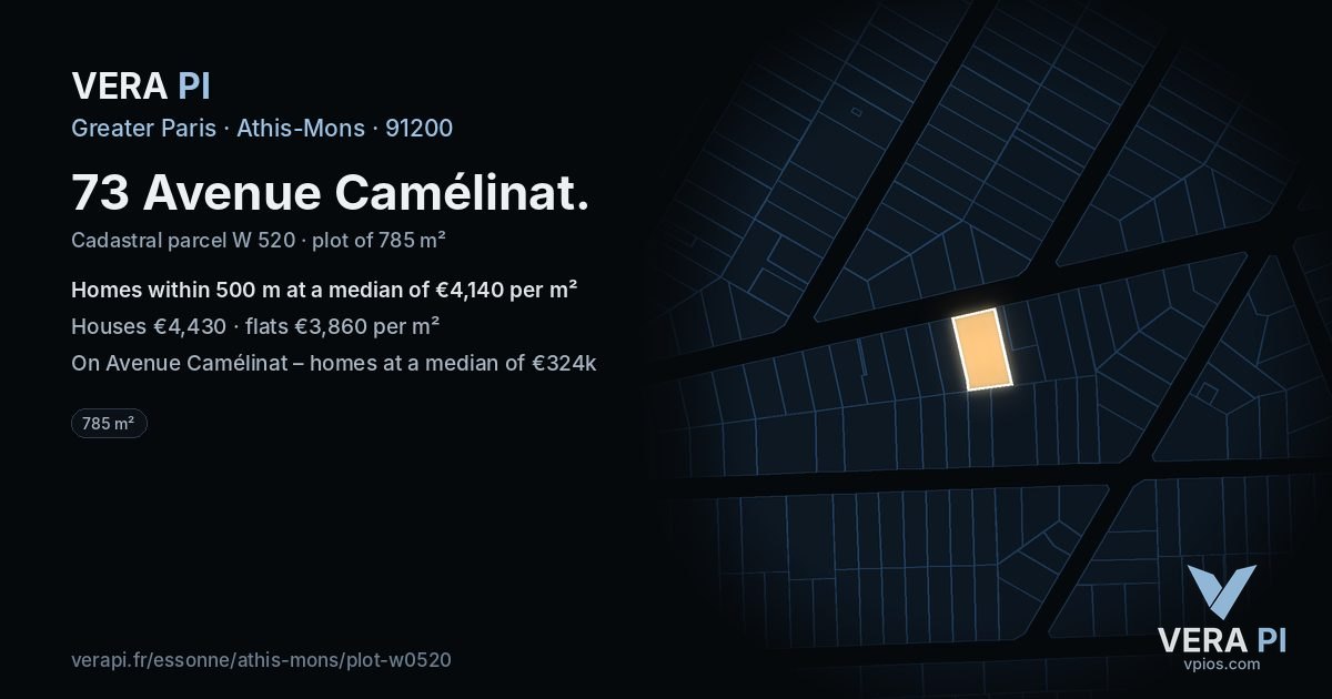 73 Avenue Camélinat, Athis-Mons at night – the plot lit, the parcels around coloured by the prices near them