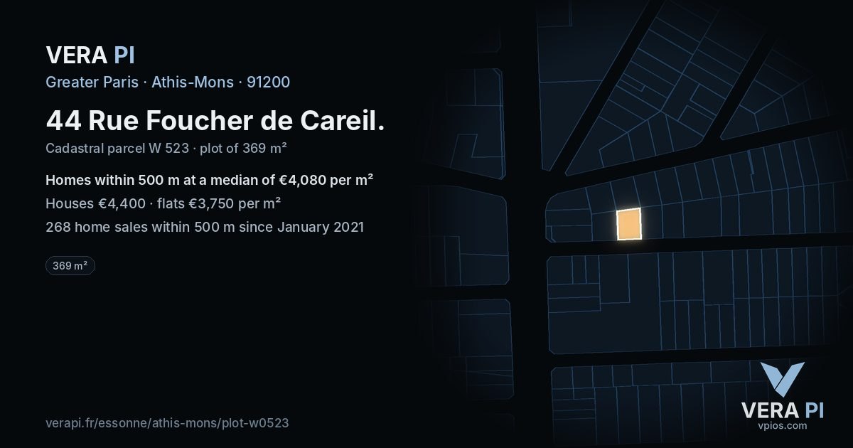 44 Rue Foucher de Careil, Athis-Mons at night – the plot lit, the parcels around coloured by the prices near them