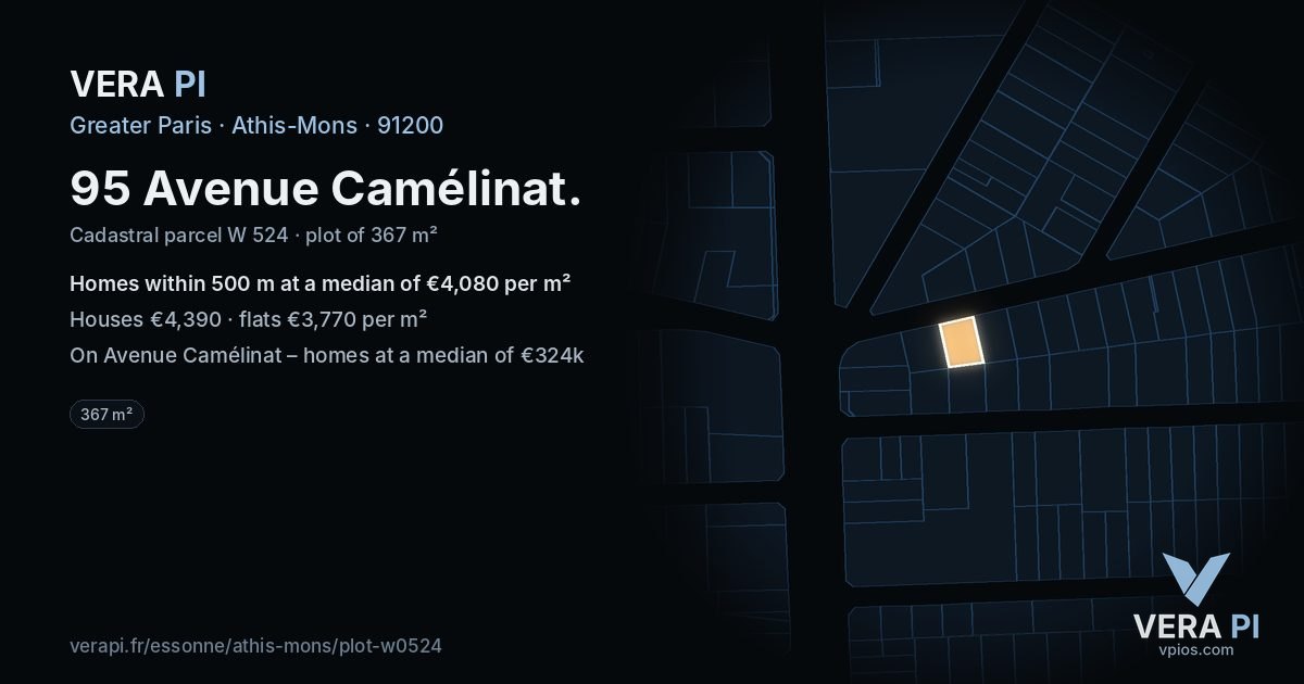 95 Avenue Camélinat, Athis-Mons at night – the plot lit, the parcels around coloured by the prices near them