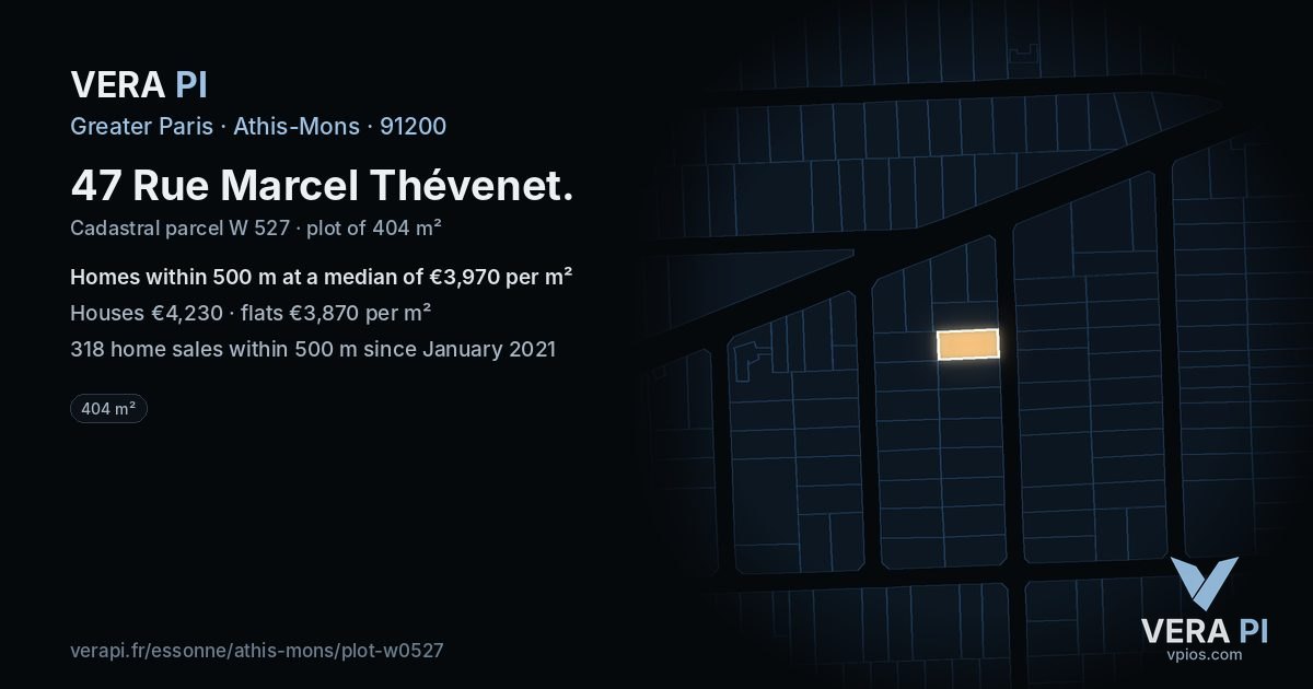 47 Rue Marcel Thévenet, Athis-Mons at night – the plot lit, the parcels around coloured by the prices near them