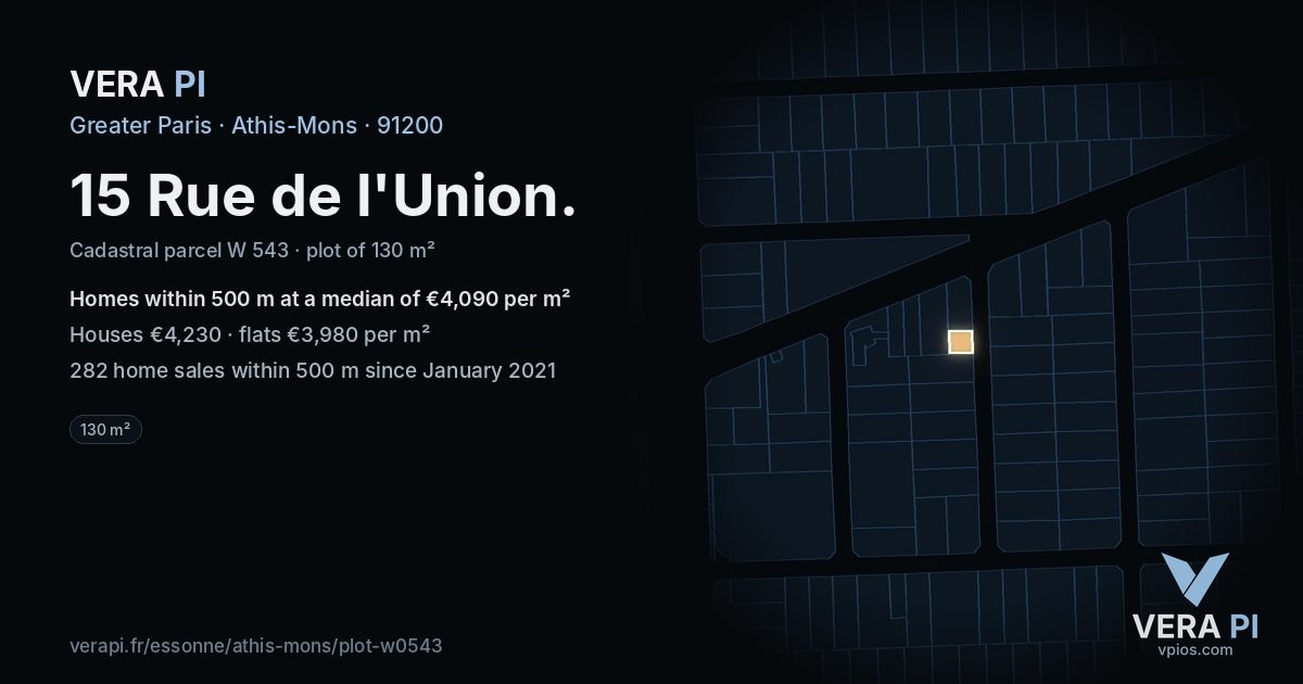 15 Rue de l'Union, Athis-Mons at night – the plot lit, the parcels around coloured by the prices near them
