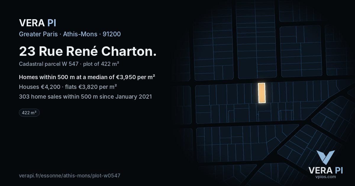 23 Rue René Charton, Athis-Mons at night – the plot lit, the parcels around coloured by the prices near them