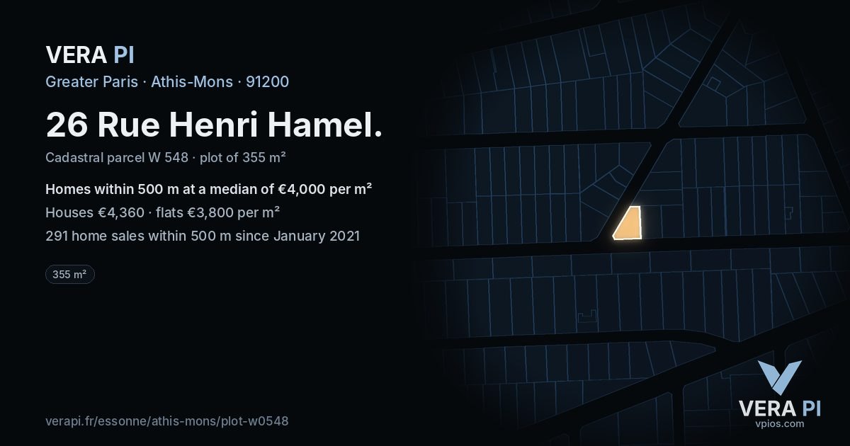 26 Rue Henri Hamel, Athis-Mons at night – the plot lit, the parcels around coloured by the prices near them