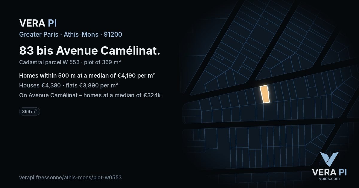 83 bis Avenue Camélinat, Athis-Mons at night – the plot lit, the parcels around coloured by the prices near them