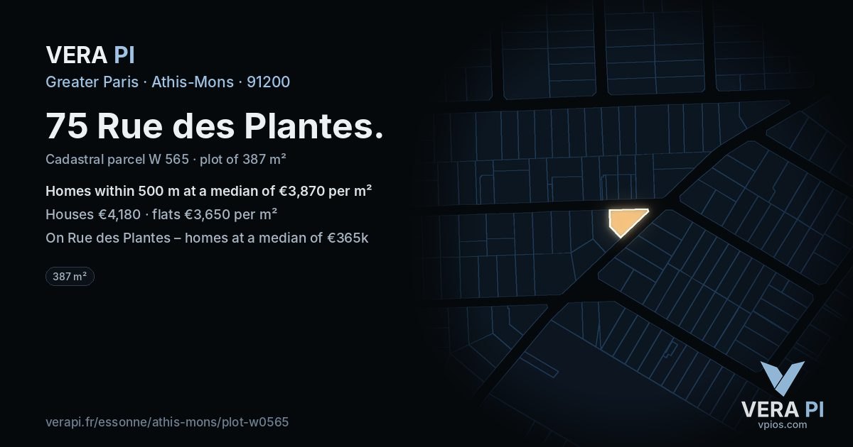 75 Rue des Plantes, Athis-Mons at night – the plot lit, the parcels around coloured by the prices near them