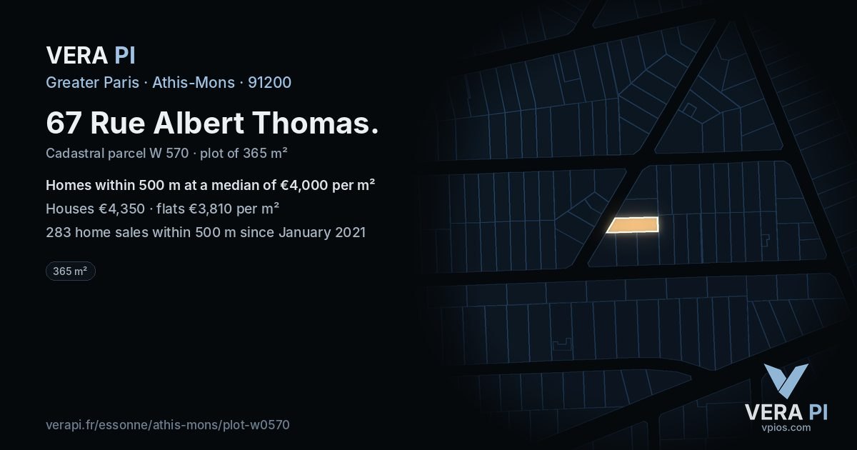 67 Rue Albert Thomas, Athis-Mons at night – the plot lit, the parcels around coloured by the prices near them