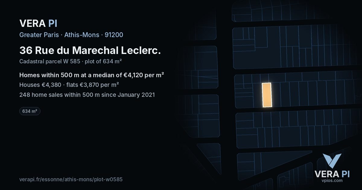 36 Rue du Marechal Leclerc, Athis-Mons at night – the plot lit, the parcels around coloured by the prices near them