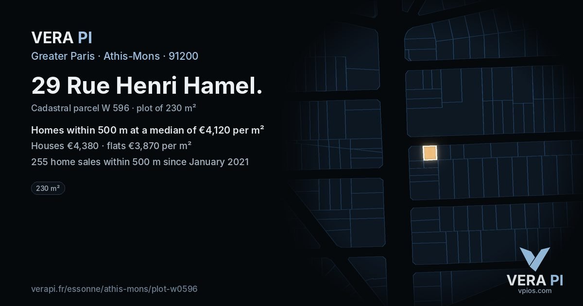 29 Rue Henri Hamel, Athis-Mons at night – the plot lit, the parcels around coloured by the prices near them