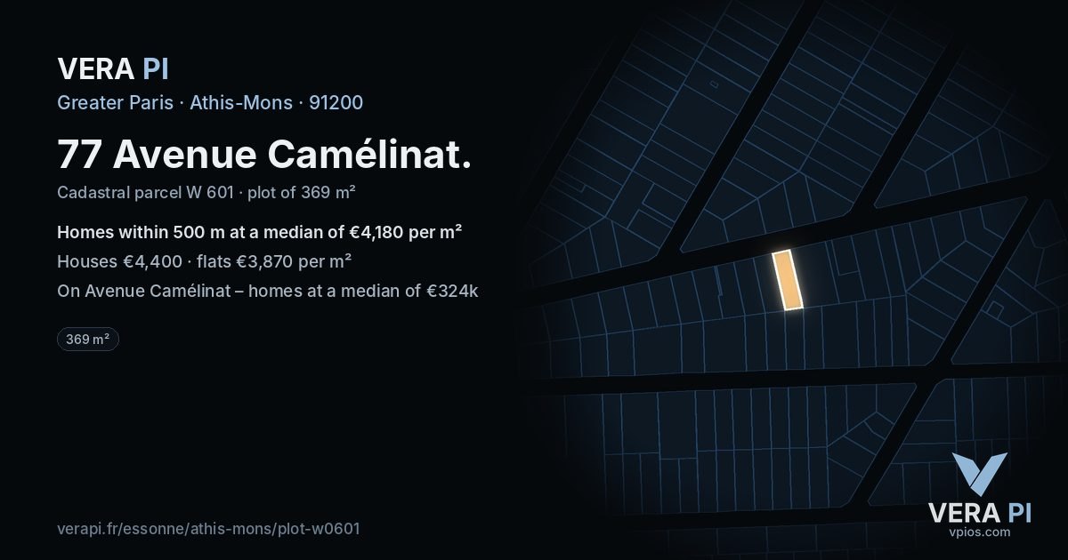 77 Avenue Camélinat, Athis-Mons at night – the plot lit, the parcels around coloured by the prices near them