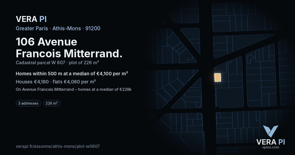 106 Avenue Francois Mitterrand, Athis-Mons at night – the plot lit, the parcels around coloured by the prices near them