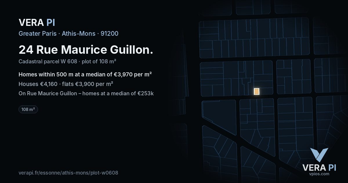 24 Rue Maurice Guillon, Athis-Mons at night – the plot lit, the parcels around coloured by the prices near them