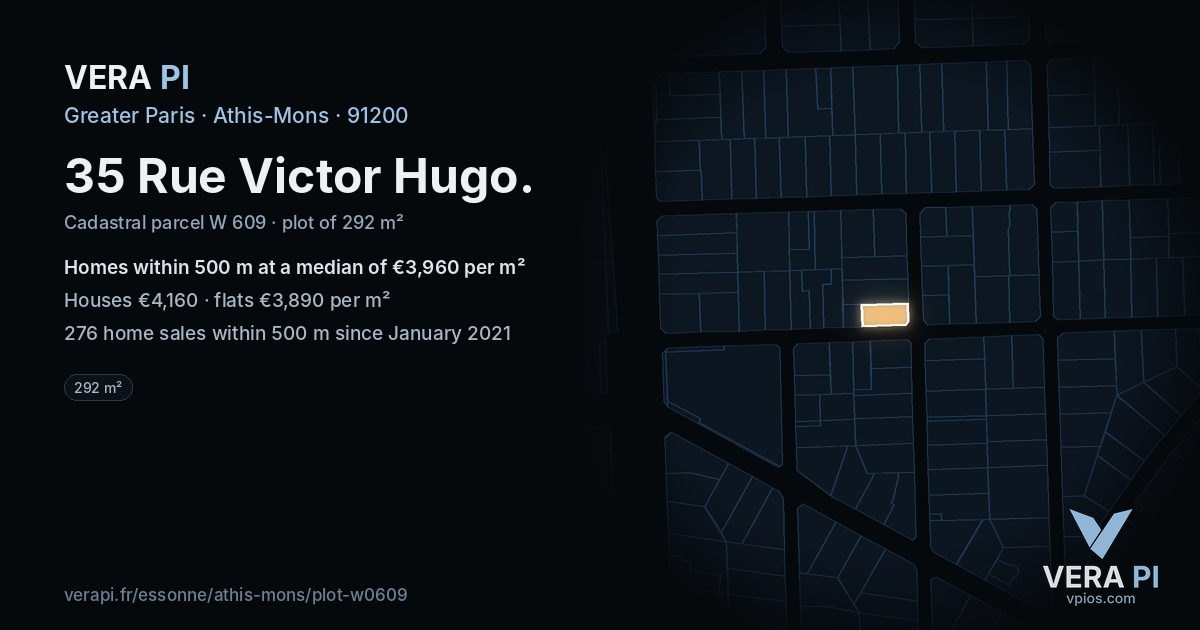 35 Rue Victor Hugo, Athis-Mons at night – the plot lit, the parcels around coloured by the prices near them