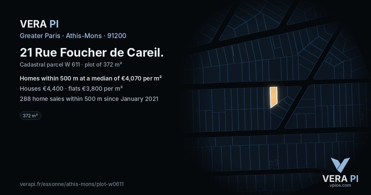 21 Rue Foucher de Careil, Athis-Mons at night – the plot lit, the parcels around coloured by the prices near them