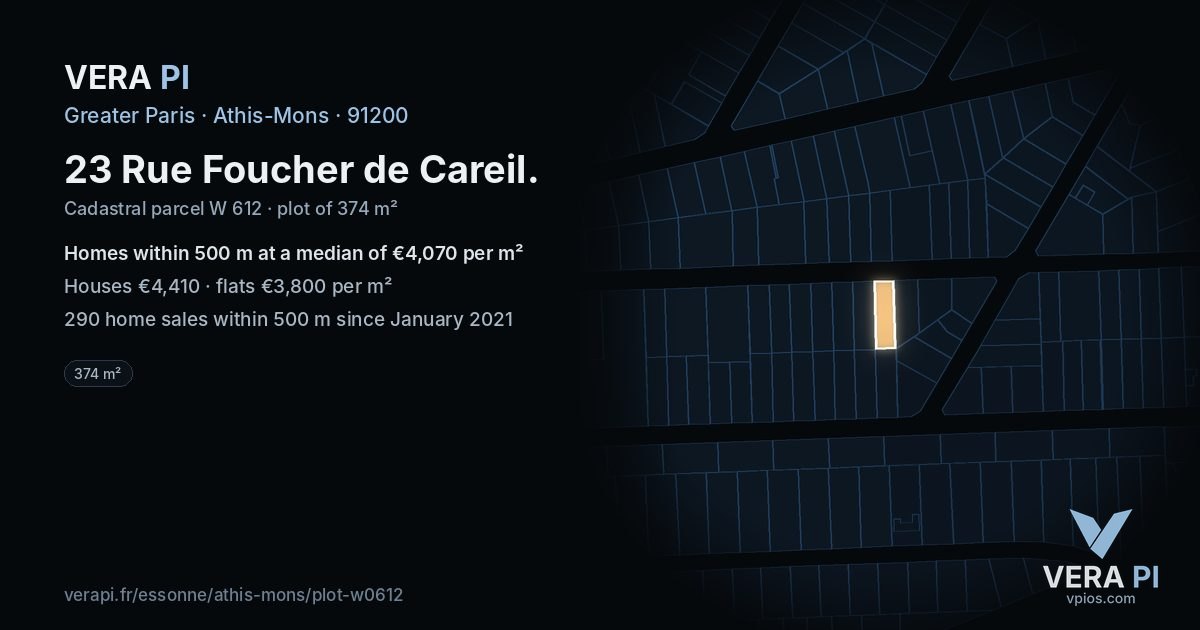 23 Rue Foucher de Careil, Athis-Mons at night – the plot lit, the parcels around coloured by the prices near them