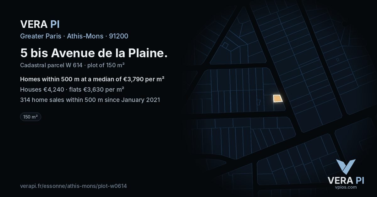 5 bis Avenue de la Plaine, Athis-Mons at night – the plot lit, the parcels around coloured by the prices near them
