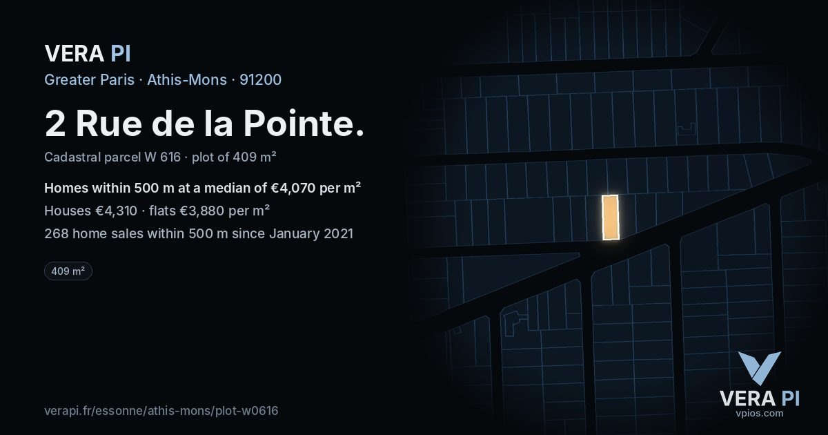 2 Rue de la Pointe, Athis-Mons at night – the plot lit, the parcels around coloured by the prices near them