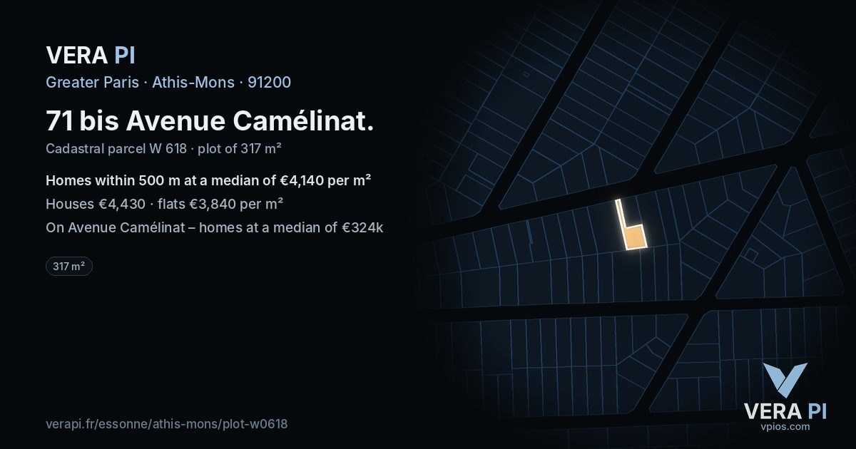71 bis Avenue Camélinat, Athis-Mons at night – the plot lit, the parcels around coloured by the prices near them