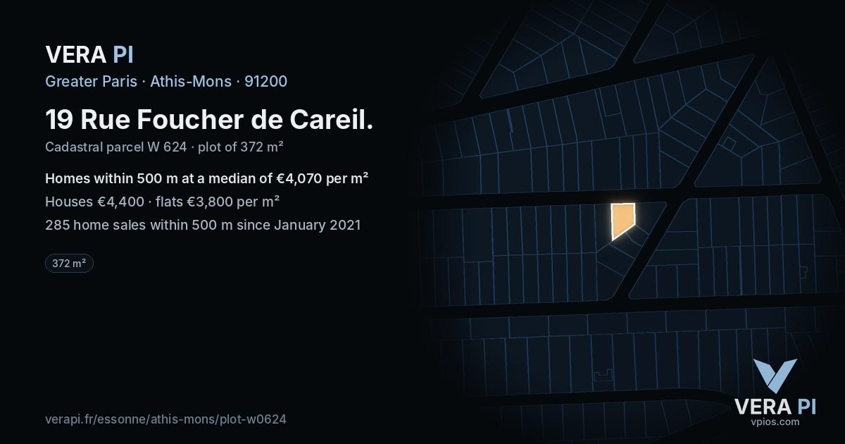 19 Rue Foucher de Careil, Athis-Mons at night – the plot lit, the parcels around coloured by the prices near them
