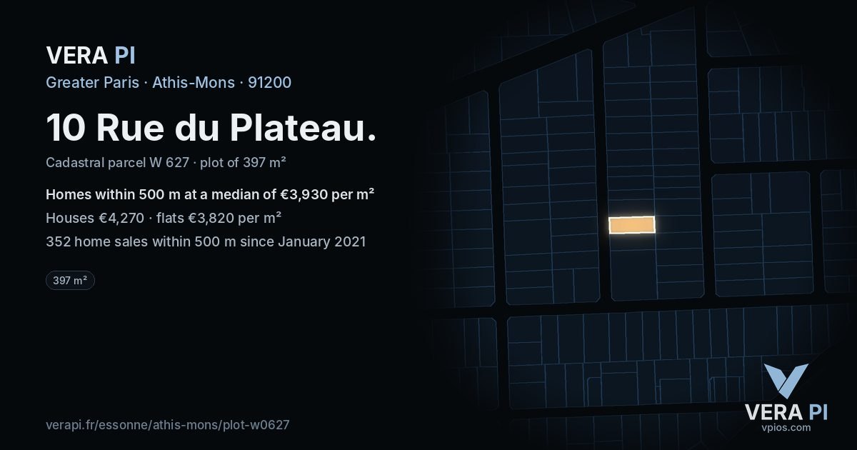 10 Rue du Plateau, Athis-Mons at night – the plot lit, the parcels around coloured by the prices near them