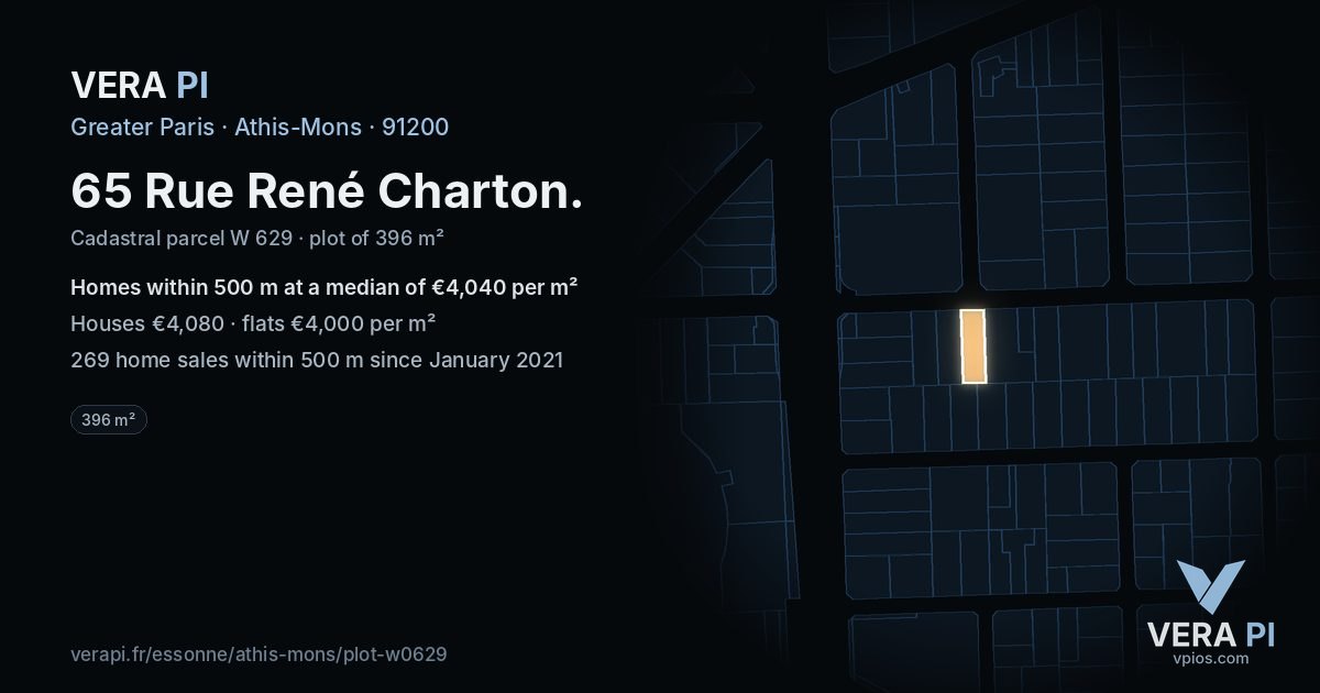65 Rue René Charton, Athis-Mons at night – the plot lit, the parcels around coloured by the prices near them