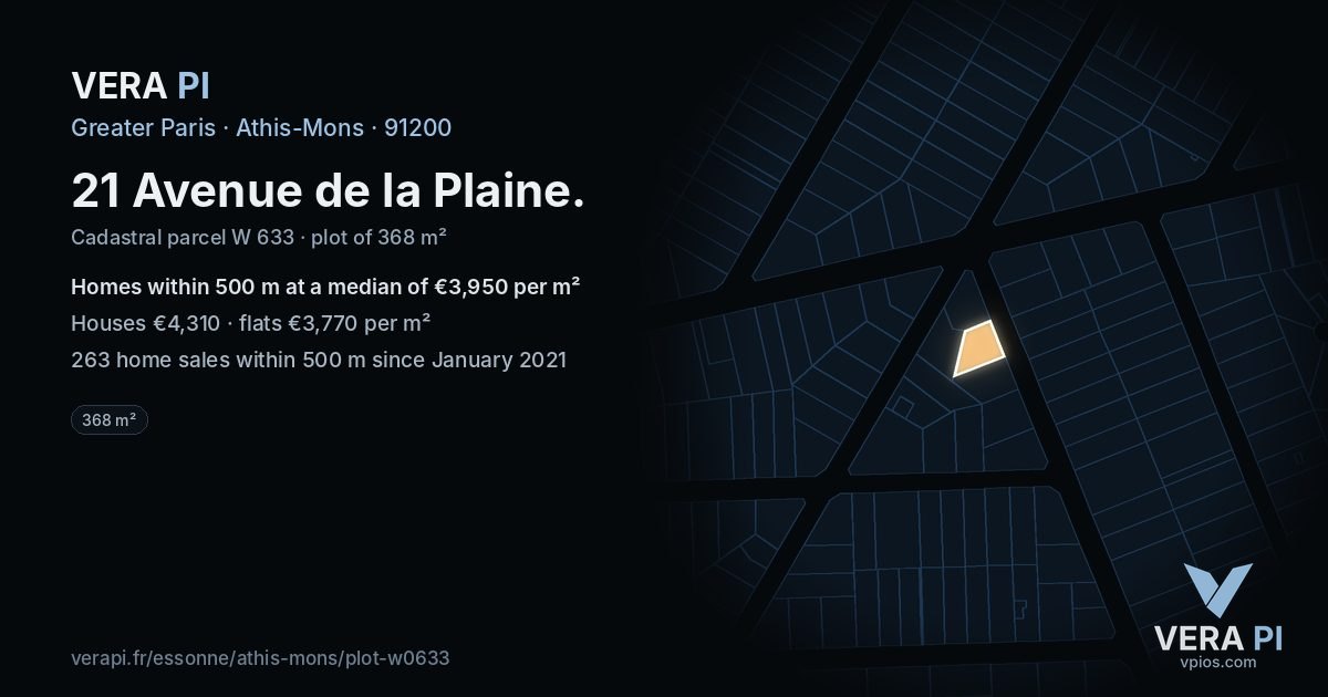 21 Avenue de la Plaine, Athis-Mons at night – the plot lit, the parcels around coloured by the prices near them