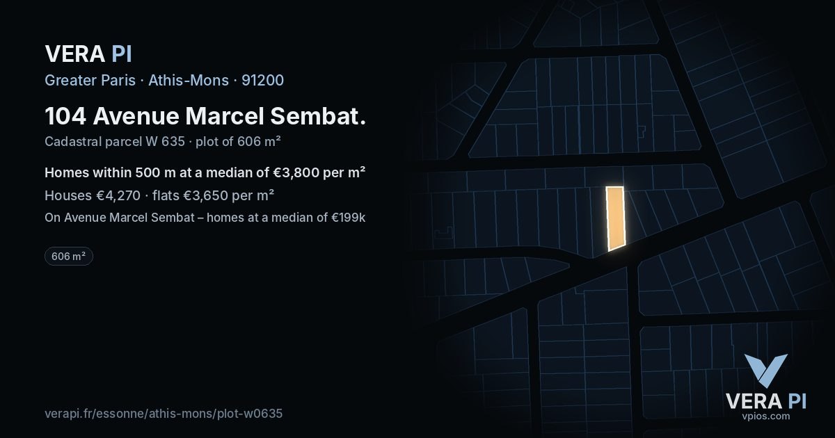 104 Avenue Marcel Sembat, Athis-Mons at night – the plot lit, the parcels around coloured by the prices near them