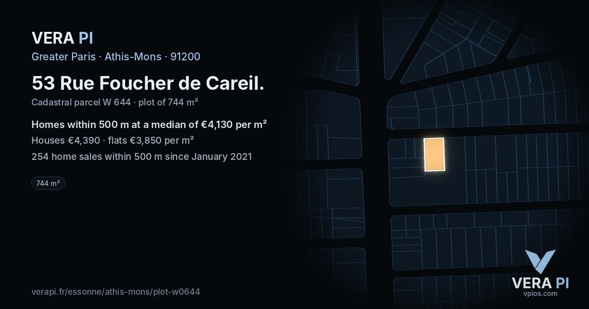 53 Rue Foucher de Careil, Athis-Mons at night – the plot lit, the parcels around coloured by the prices near them