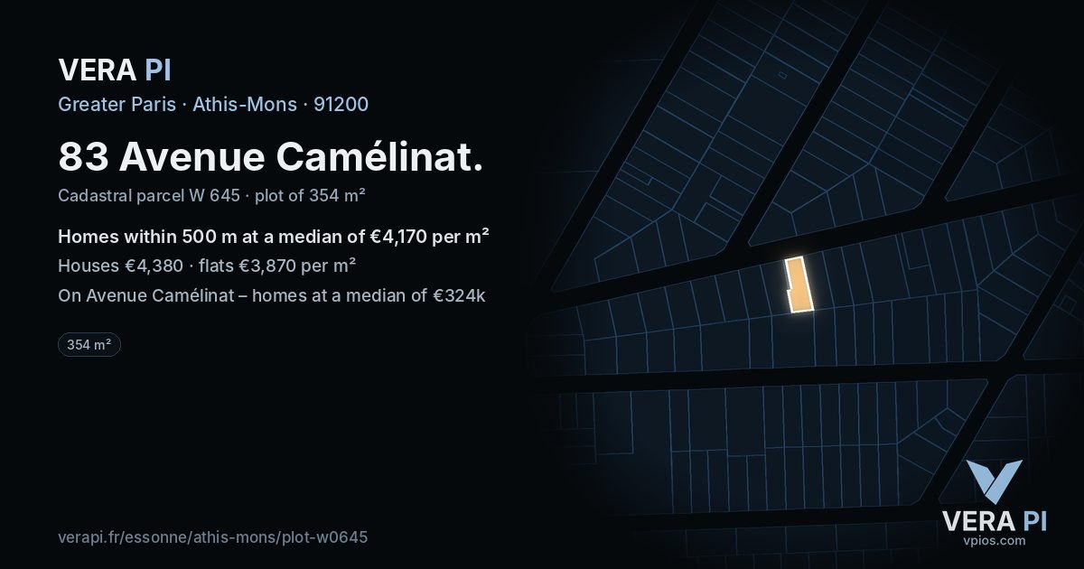 83 Avenue Camélinat, Athis-Mons at night – the plot lit, the parcels around coloured by the prices near them