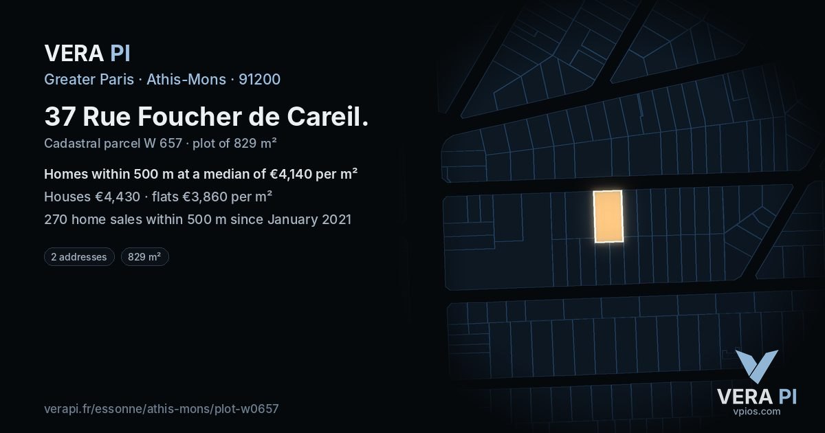 37 Rue Foucher de Careil, Athis-Mons at night – the plot lit, the parcels around coloured by the prices near them