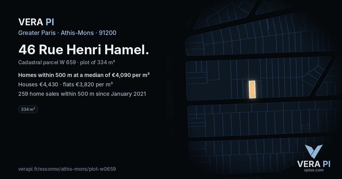 46 Rue Henri Hamel, Athis-Mons at night – the plot lit, the parcels around coloured by the prices near them