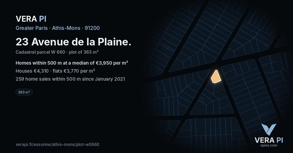 23 Avenue de la Plaine, Athis-Mons at night – the plot lit, the parcels around coloured by the prices near them
