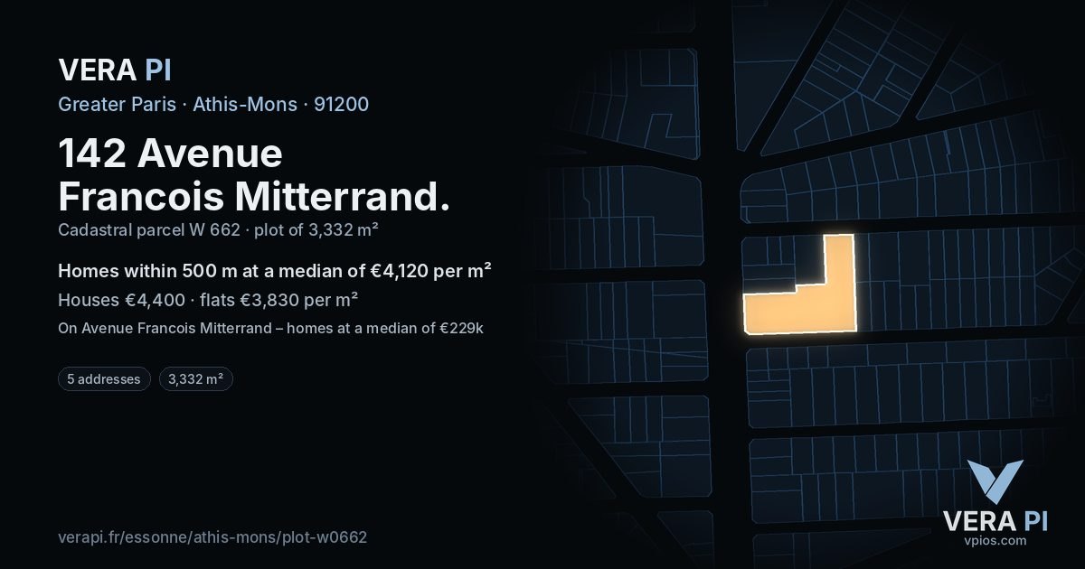 142 Avenue Francois Mitterrand, Athis-Mons at night – the plot lit, the parcels around coloured by the prices near them
