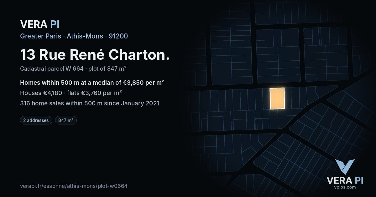 13 Rue René Charton, Athis-Mons at night – the plot lit, the parcels around coloured by the prices near them