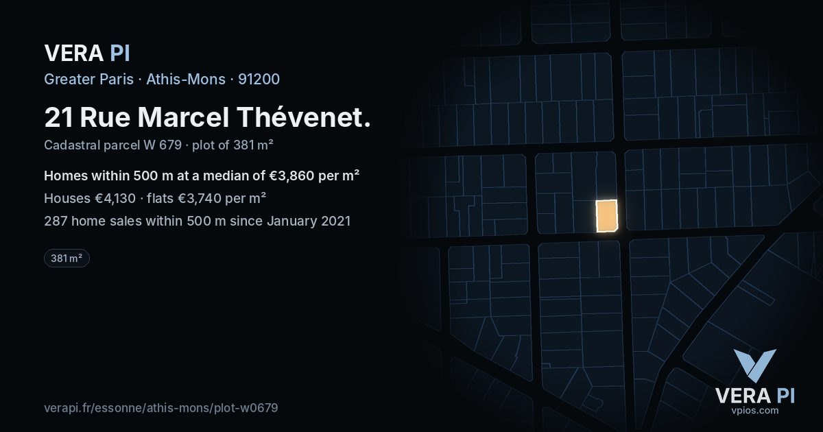 21 Rue Marcel Thévenet, Athis-Mons at night – the plot lit, the parcels around coloured by the prices near them