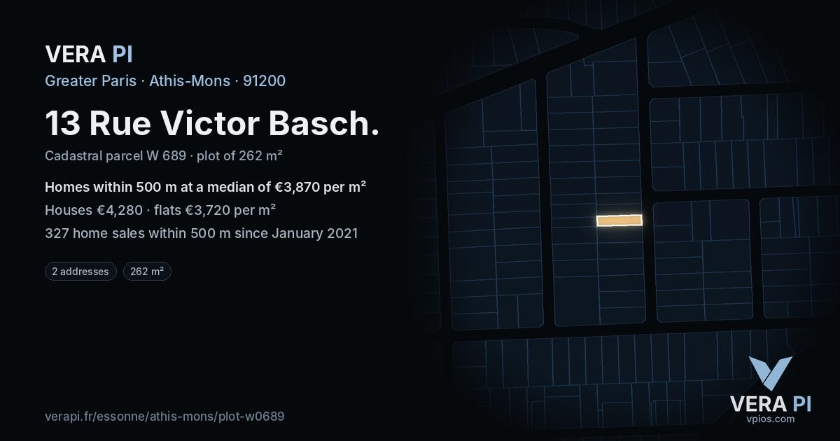 13 Rue Victor Basch, Athis-Mons at night – the plot lit, the parcels around coloured by the prices near them