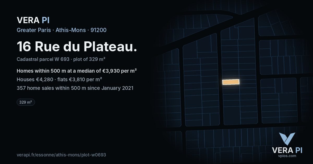 16 Rue du Plateau, Athis-Mons at night – the plot lit, the parcels around coloured by the prices near them